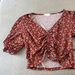 Altar'd State Floral Ruched Blouse in Rust